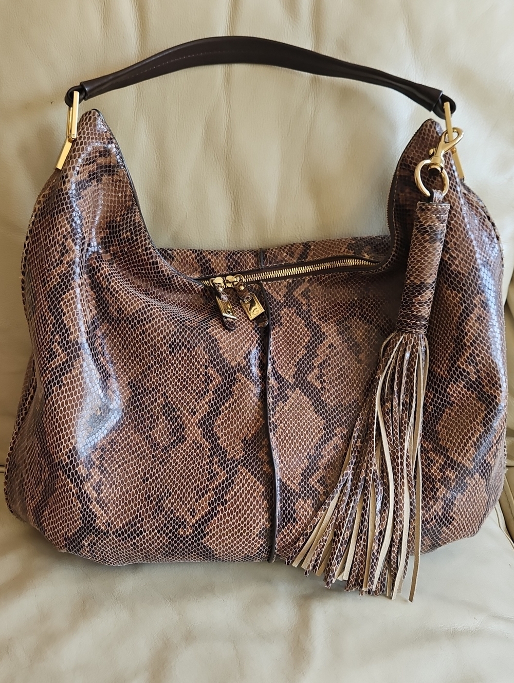 G.I.L.I. Brown Snake-Print Hobo with Tassel and Gold Hardware